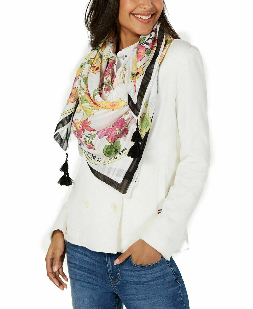 INC International Concepts Garden Pink Floral Black Tassel Square Scarf NWT